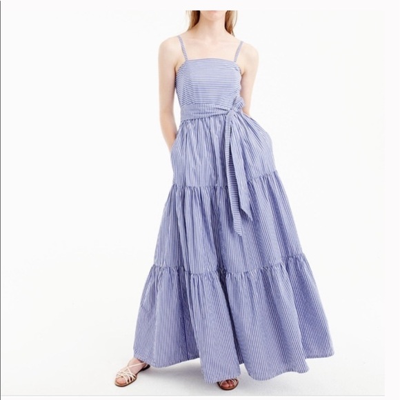 JCrew Striped Tiered Maxi Dress with Tie Sash in Stripe. Size 00 - Picture 1 of 8